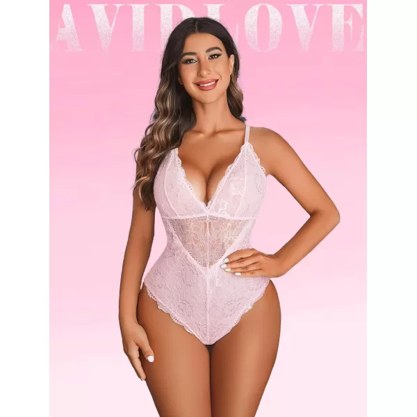 Avidlove Women Snap Crotch Lingerie Sexy Lace Bodysuit Deep V Teddy One Piece Lace BabydollLight Pinkwith Snap Crotch