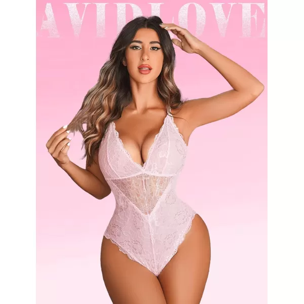 Avidlove Women Snap Crotch Lingerie Sexy Lace Bodysuit Deep V Teddy One Piece Lace BabydollLight Pinkwith Snap Crotch