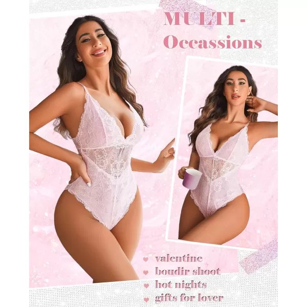 Avidlove Women Snap Crotch Lingerie Sexy Lace Bodysuit Deep V Teddy One Piece Lace BabydollLight Pinkwith Snap Crotch