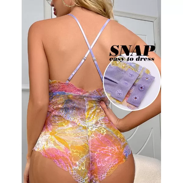 Avidlove Women Snap Crotch Lingerie Sexy Lace Bodysuit Deep V Teddy One Piece Lace BabydollMulticolorwith Snap Crotch