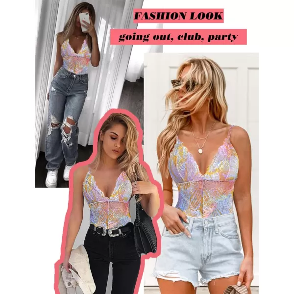 Avidlove Women Snap Crotch Lingerie Sexy Lace Bodysuit Deep V Teddy One Piece Lace BabydollMulticolorwith Snap Crotch