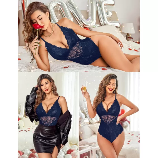 Avidlove Women Snap Crotch Lingerie Sexy Lace Bodysuit Deep V Teddy One Piece Lace BabydollNavy