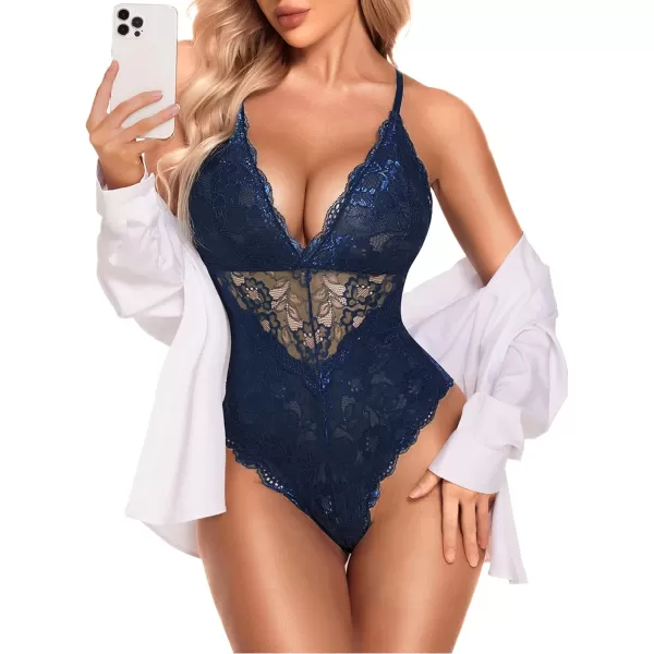 Avidlove Women Snap Crotch Lingerie Sexy Lace Bodysuit Deep V Teddy One Piece Lace BabydollNavy