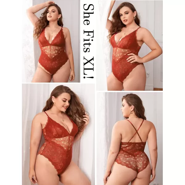 Avidlove Women Snap Crotch Lingerie Sexy Lace Bodysuit Deep V Teddy One Piece Lace BabydollOrange Brownwith Snap Crotch