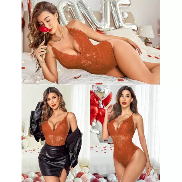 Avidlove Women Snap Crotch Lingerie Sexy Lace Bodysuit Deep V Teddy One Piece Lace BabydollOrange Brownwith Snap Crotch