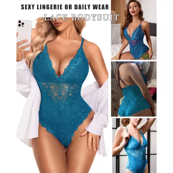 Avidlove Women Snap Crotch Lingerie Sexy Lace Bodysuit Deep V Teddy One Piece Lace BabydollPeacock Bluewith Snap Crotch