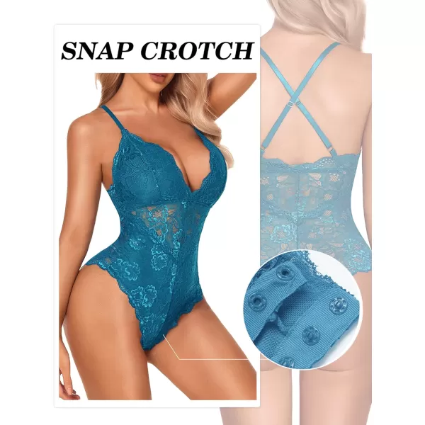 Avidlove Women Snap Crotch Lingerie Sexy Lace Bodysuit Deep V Teddy One Piece Lace BabydollPeacock Bluewith Snap Crotch