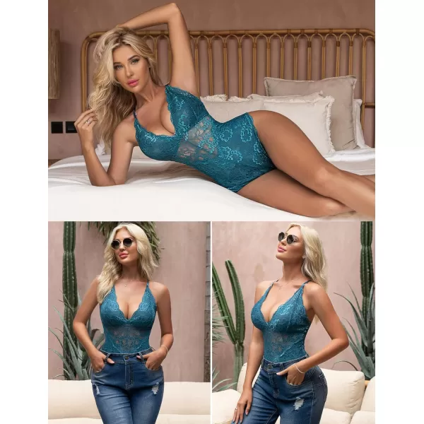 Avidlove Women Snap Crotch Lingerie Sexy Lace Bodysuit Deep V Teddy One Piece Lace BabydollPeacock Bluewith Snap Crotch