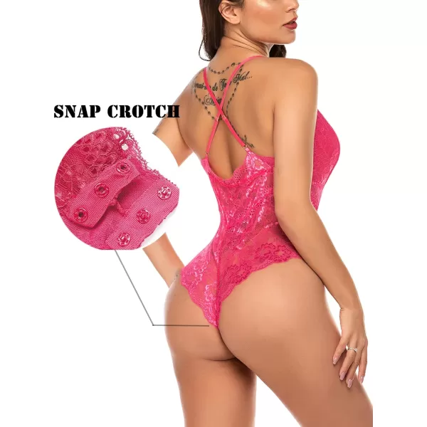 Avidlove Women Snap Crotch Lingerie Sexy Lace Bodysuit Deep V Teddy One Piece Lace BabydollPinkwith Snap Crotch