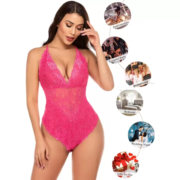 Avidlove Women Snap Crotch Lingerie Sexy Lace Bodysuit Deep V Teddy One Piece Lace BabydollPinkwith Snap Crotch