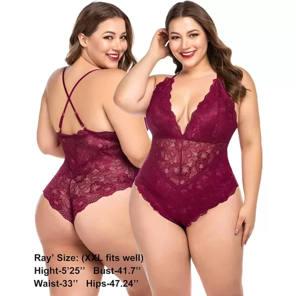 Avidlove Women Snap Crotch Lingerie Sexy Lace Bodysuit Deep V Teddy One Piece Lace BabydollPurple Redwith Snap Crotch