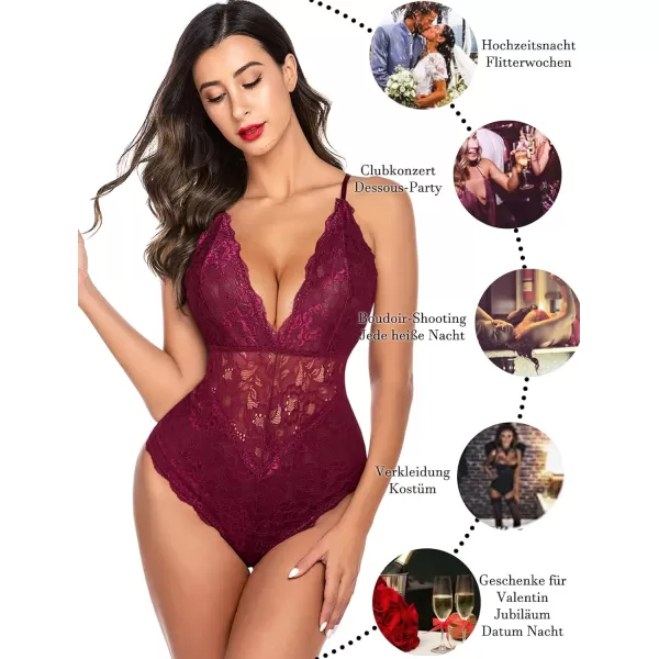 Avidlove Women Snap Crotch Lingerie Sexy Lace Bodysuit Deep V Teddy One Piece Lace BabydollPurple Redwith Snap Crotch