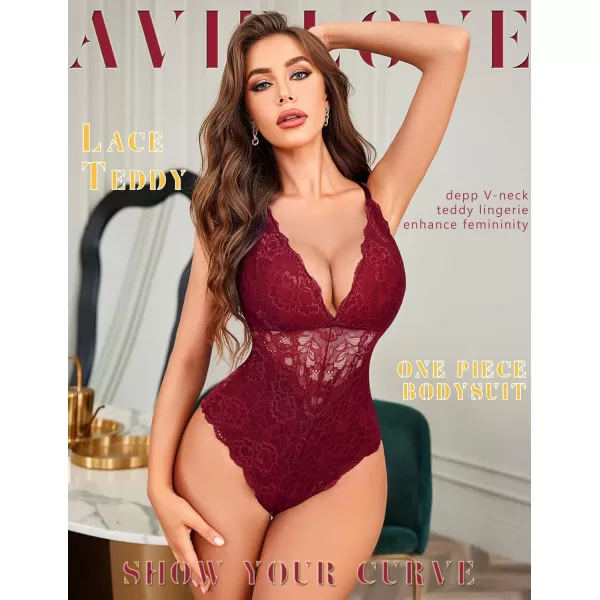 Avidlove Women Snap Crotch Lingerie Sexy Lace Bodysuit Deep V Teddy One Piece Lace BabydollPurple Redwith Snap Crotch