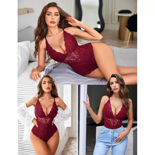 Avidlove Women Snap Crotch Lingerie Sexy Lace Bodysuit Deep V Teddy One Piece Lace BabydollPurple Redwith Snap Crotch