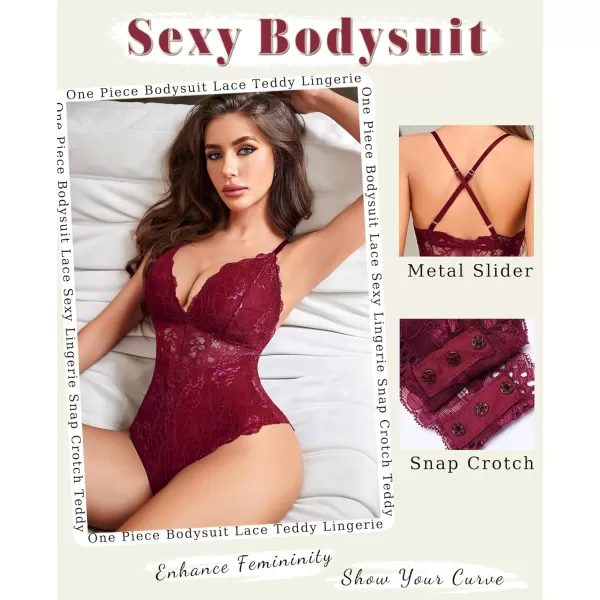 Avidlove Women Snap Crotch Lingerie Sexy Lace Bodysuit Deep V Teddy One Piece Lace BabydollPurple Redwith Snap Crotch