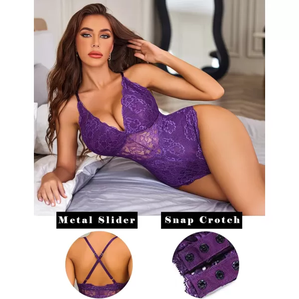 Avidlove Women Snap Crotch Lingerie Sexy Lace Bodysuit Deep V Teddy One Piece Lace BabydollPurplewith Snap Crotch