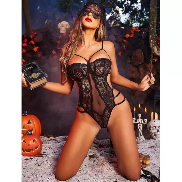 Avidlove Women Teddy Lingeries Sexy Lingerie Strappy Lace Bodysuit Deep V One Piece BabydollBlack