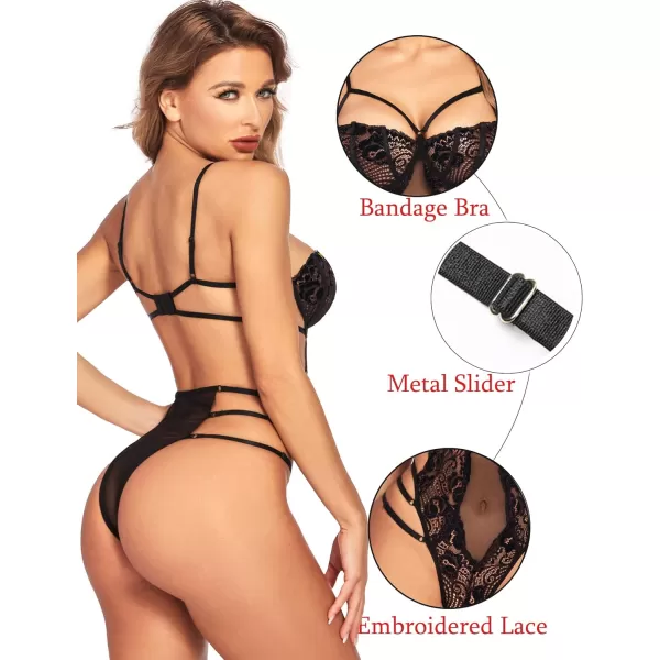 Avidlove Women Teddy Lingeries Sexy Lingerie Strappy Lace Bodysuit Deep V One Piece BabydollBlack