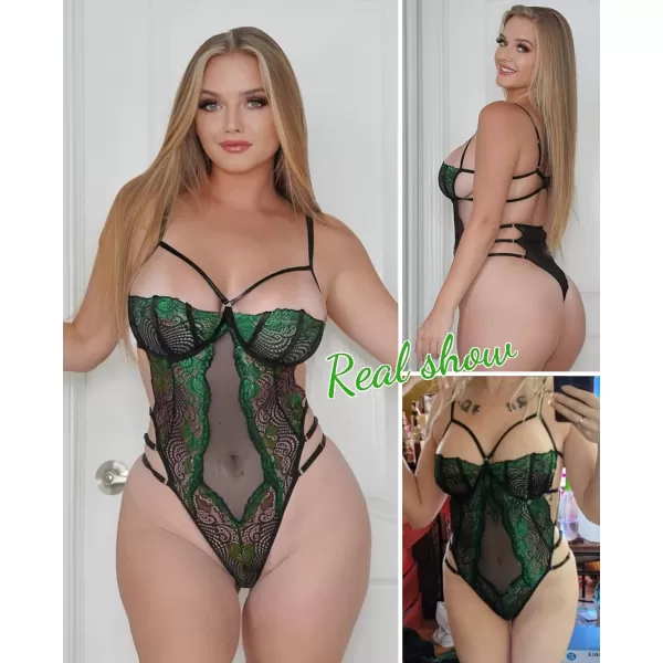 Avidlove Women Teddy Lingeries Sexy Lingerie Strappy Lace Bodysuit Deep V One Piece BabydollGreen