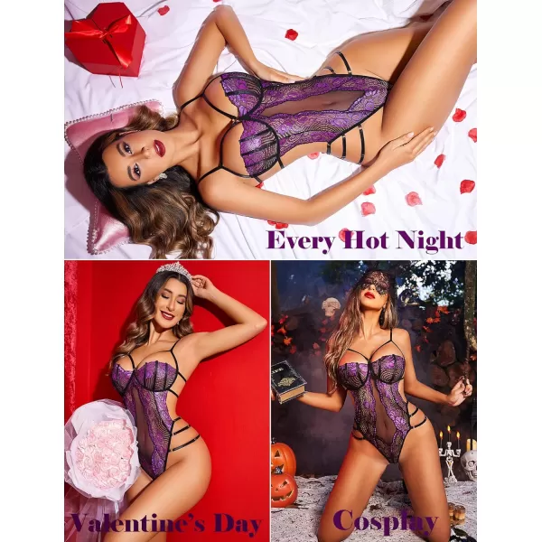 Avidlove Women Teddy Lingeries Sexy Lingerie Strappy Lace Bodysuit Deep V One Piece BabydollPurple