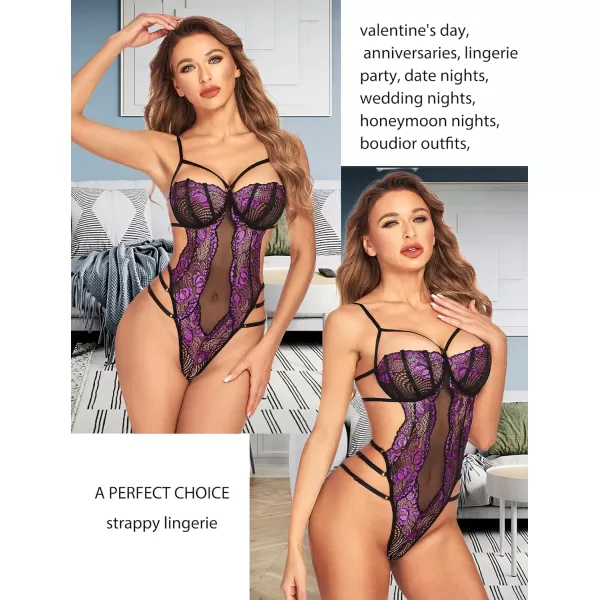 Avidlove Women Teddy Lingeries Sexy Lingerie Strappy Lace Bodysuit Deep V One Piece BabydollPurple