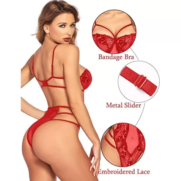 Avidlove Women Teddy Lingeries Sexy Lingerie Strappy Lace Bodysuit Deep V One Piece BabydollRed