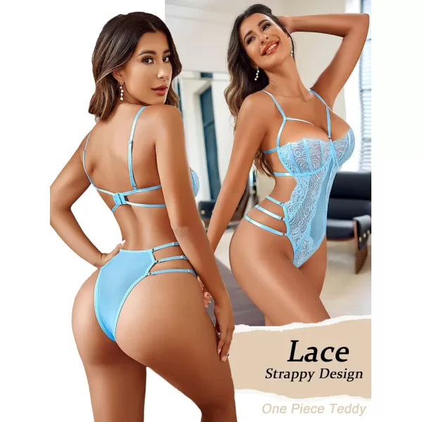 Avidlove Women Teddy Lingeries Sexy Lingerie Strappy Lace Bodysuit Deep V One Piece BabydollSky Blue