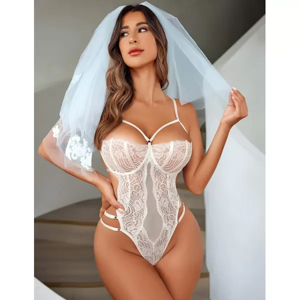 Avidlove Women Teddy Lingeries Sexy Lingerie Strappy Lace Bodysuit Deep V One Piece BabydollWhite