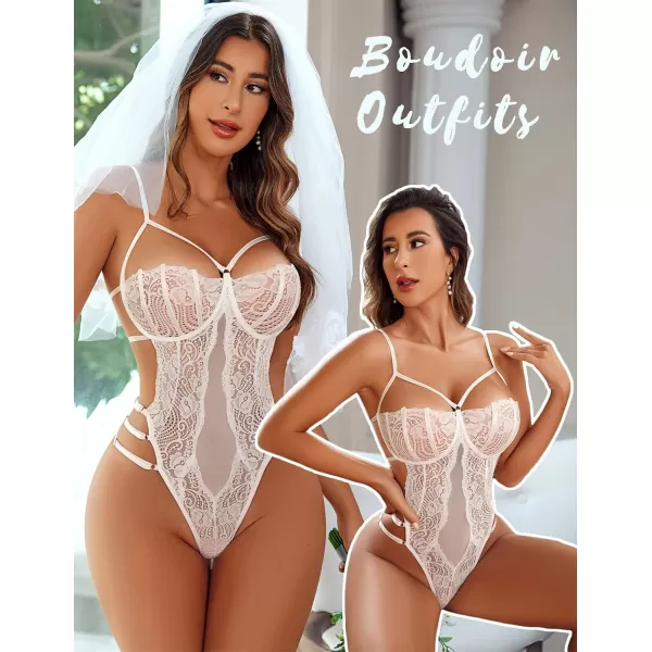 Avidlove Women Teddy Lingeries Sexy Lingerie Strappy Lace Bodysuit Deep V One Piece BabydollWhite