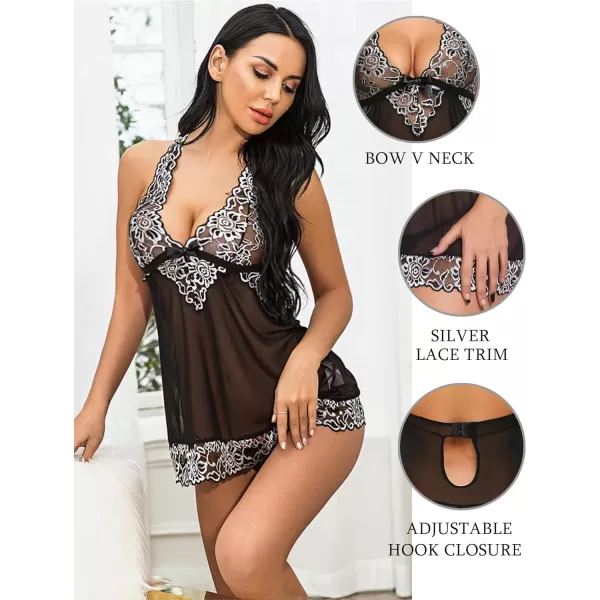 Avidlove Women VNeck Lingerie Lace Babydoll Mesh Chemise Nightwear Outfits S4XLBlack