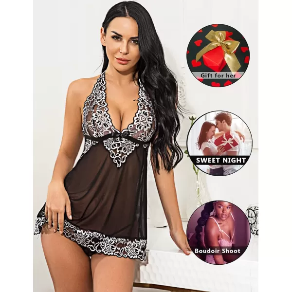 Avidlove Women VNeck Lingerie Lace Babydoll Mesh Chemise Nightwear Outfits S4XLBlack