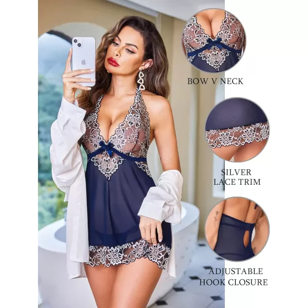Avidlove Women VNeck Lingerie Lace Babydoll Mesh Chemise Nightwear Outfits S4XLNavy Blue