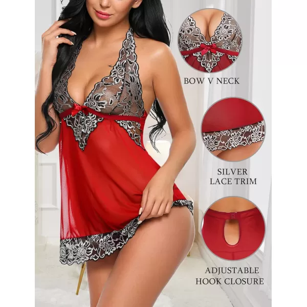 Avidlove Women VNeck Lingerie Lace Babydoll Mesh Chemise Nightwear Outfits S4XLRed