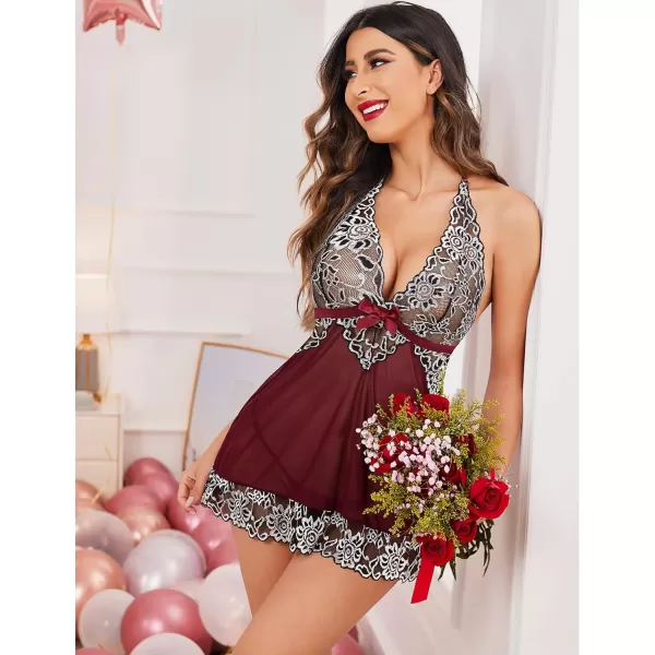 Avidlove Women VNeck Lingerie Lace Babydoll Mesh Chemise Nightwear Outfits S4XLWine Red