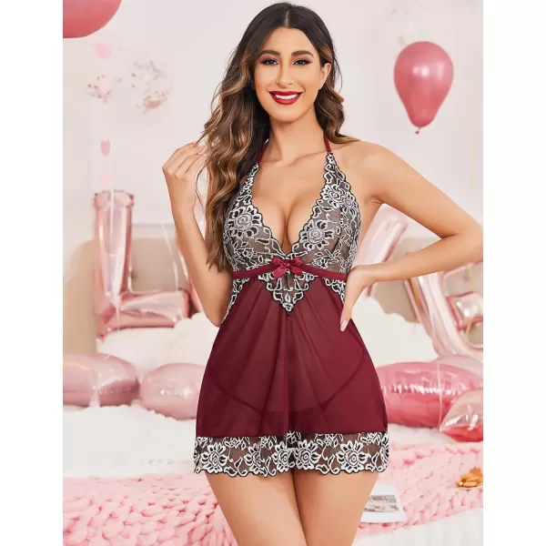 Avidlove Women VNeck Lingerie Lace Babydoll Mesh Chemise Nightwear Outfits S4XLWine Red