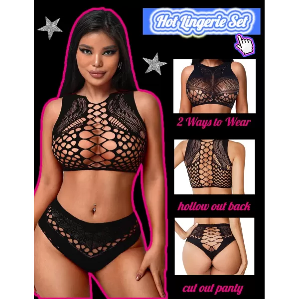 Avidlove Womens Fishnet Lingerie for Women Sexy Two Piece Lingerie Set Stripper OutfitBlack