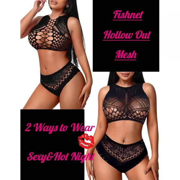 Avidlove Womens Fishnet Lingerie for Women Sexy Two Piece Lingerie Set Stripper OutfitBlack