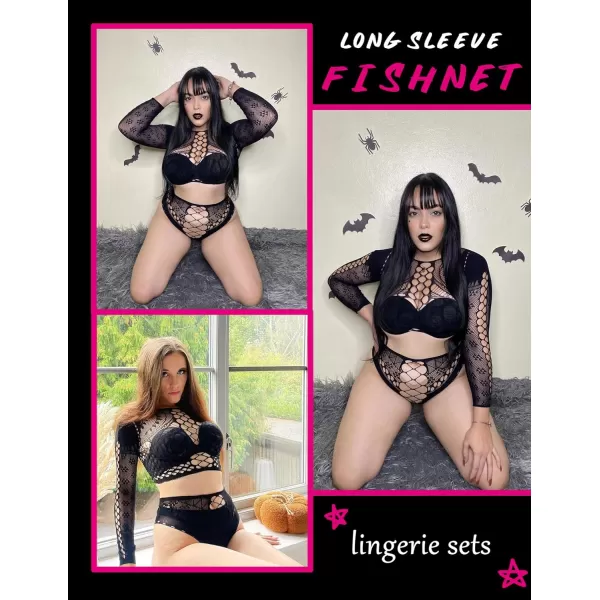 Avidlove Womens Fishnet Lingerie for Women Sexy Two Piece Lingerie Set Stripper OutfitBlacklong Sleeve