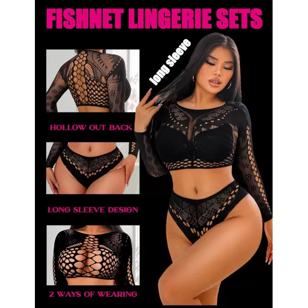 Avidlove Womens Fishnet Lingerie for Women Sexy Two Piece Lingerie Set Stripper OutfitBlacklong Sleeve