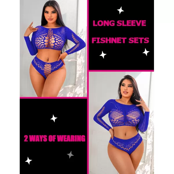 Avidlove Womens Fishnet Lingerie for Women Sexy Two Piece Lingerie Set Stripper OutfitBluelong Sleeve