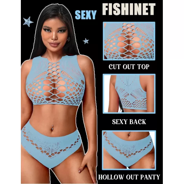 Avidlove Womens Fishnet Lingerie for Women Sexy Two Piece Lingerie Set Stripper OutfitLight Blue