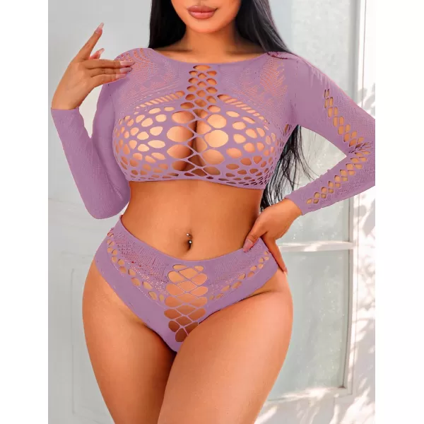 Avidlove Womens Fishnet Lingerie for Women Sexy Two Piece Lingerie Set Stripper OutfitLilaclong Sleeve