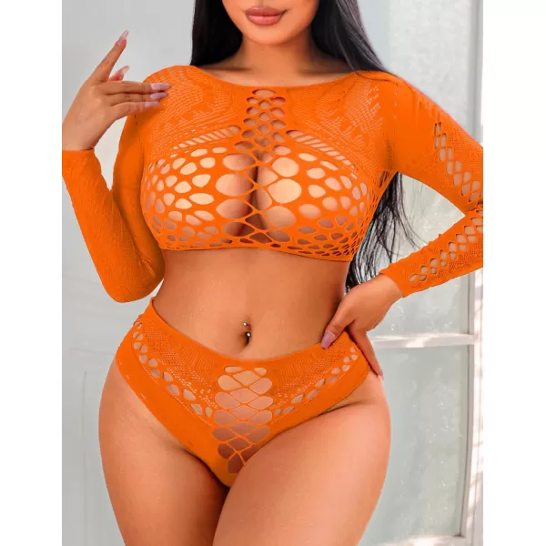 Avidlove Womens Fishnet Lingerie for Women Sexy Two Piece Lingerie Set Stripper OutfitOrangelong Sleeve