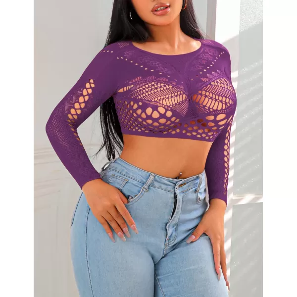 Avidlove Womens Fishnet Lingerie for Women Sexy Two Piece Lingerie Set Stripper OutfitPurplelong Sleeve