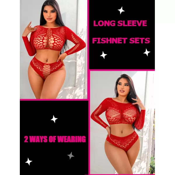 Avidlove Womens Fishnet Lingerie for Women Sexy Two Piece Lingerie Set Stripper OutfitRedlong Sleeve