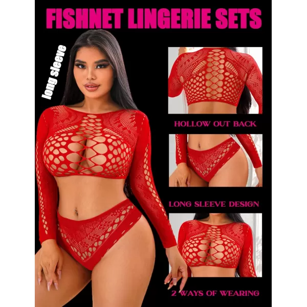 Avidlove Womens Fishnet Lingerie for Women Sexy Two Piece Lingerie Set Stripper OutfitRedlong Sleeve