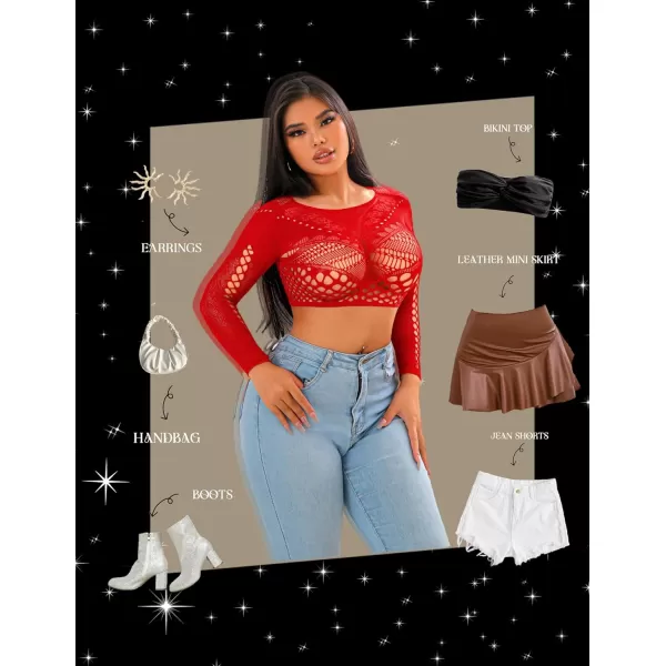 Avidlove Womens Fishnet Lingerie for Women Sexy Two Piece Lingerie Set Stripper OutfitRedlong Sleeve