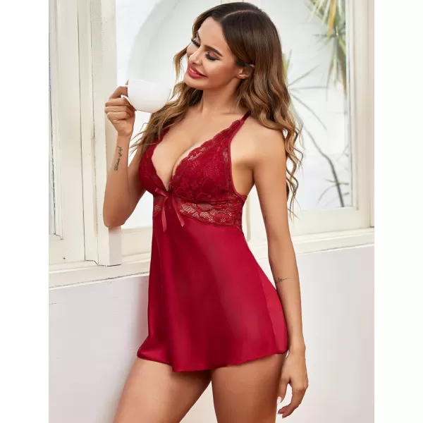 Avidlove Womens Lace Babydoll Lingerie Satin Chemise Nightgown V Neck Sleepwear Nightie1dark Red