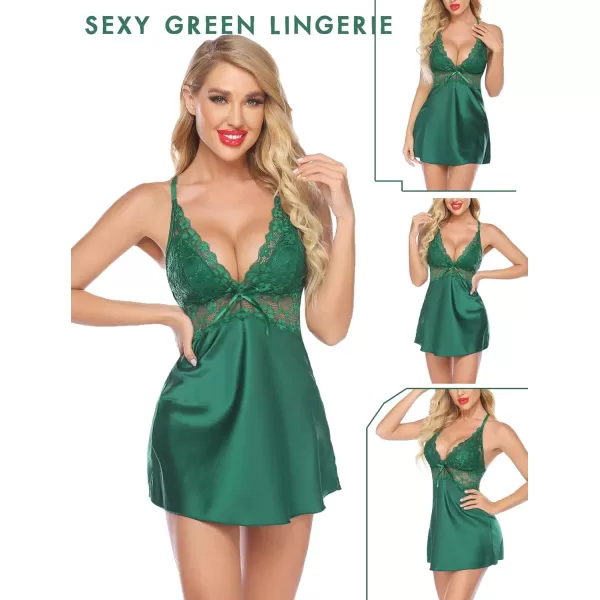 Avidlove Womens Lace Babydoll Lingerie Satin Chemise Nightgown V Neck Sleepwear NightieGreen
