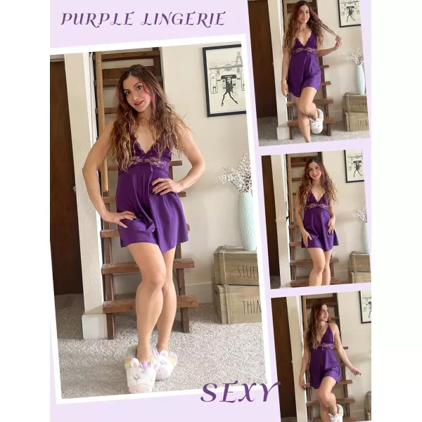 Avidlove Womens Lace Babydoll Lingerie Satin Chemise Nightgown V Neck Sleepwear NightiePurple